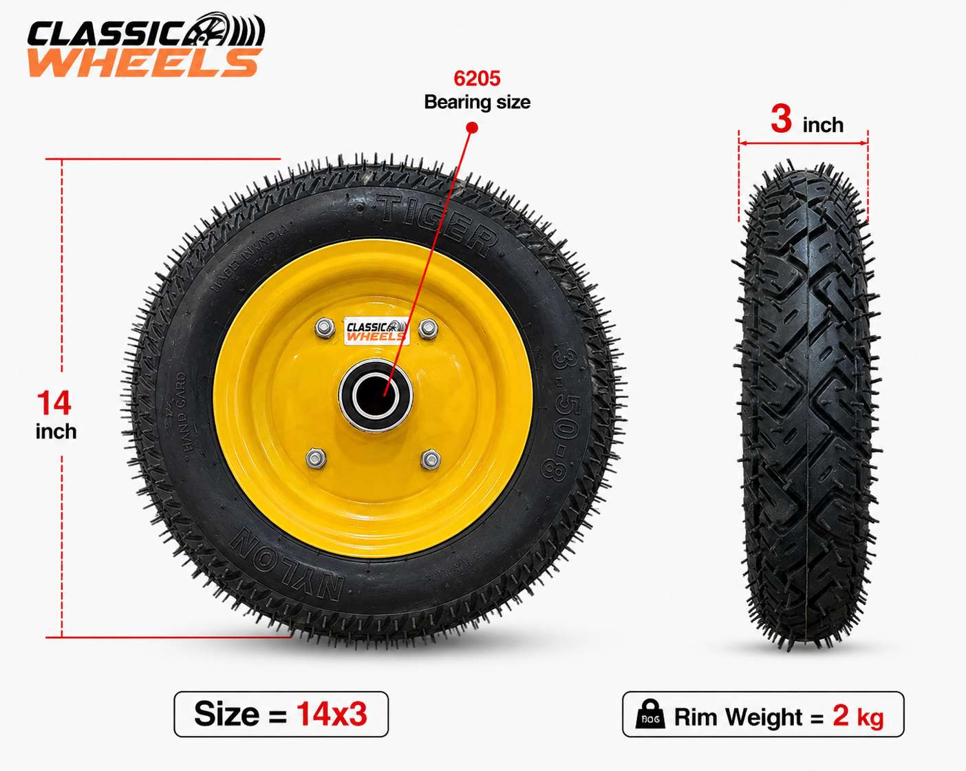 Classic wheels heavy duty WheelBarrow tire with heavy-disc(2kg) 3.50-8, 8 ply rating durable rubber, leak proof, and long lasting ideal for wheelbarrow and trolley (1No)