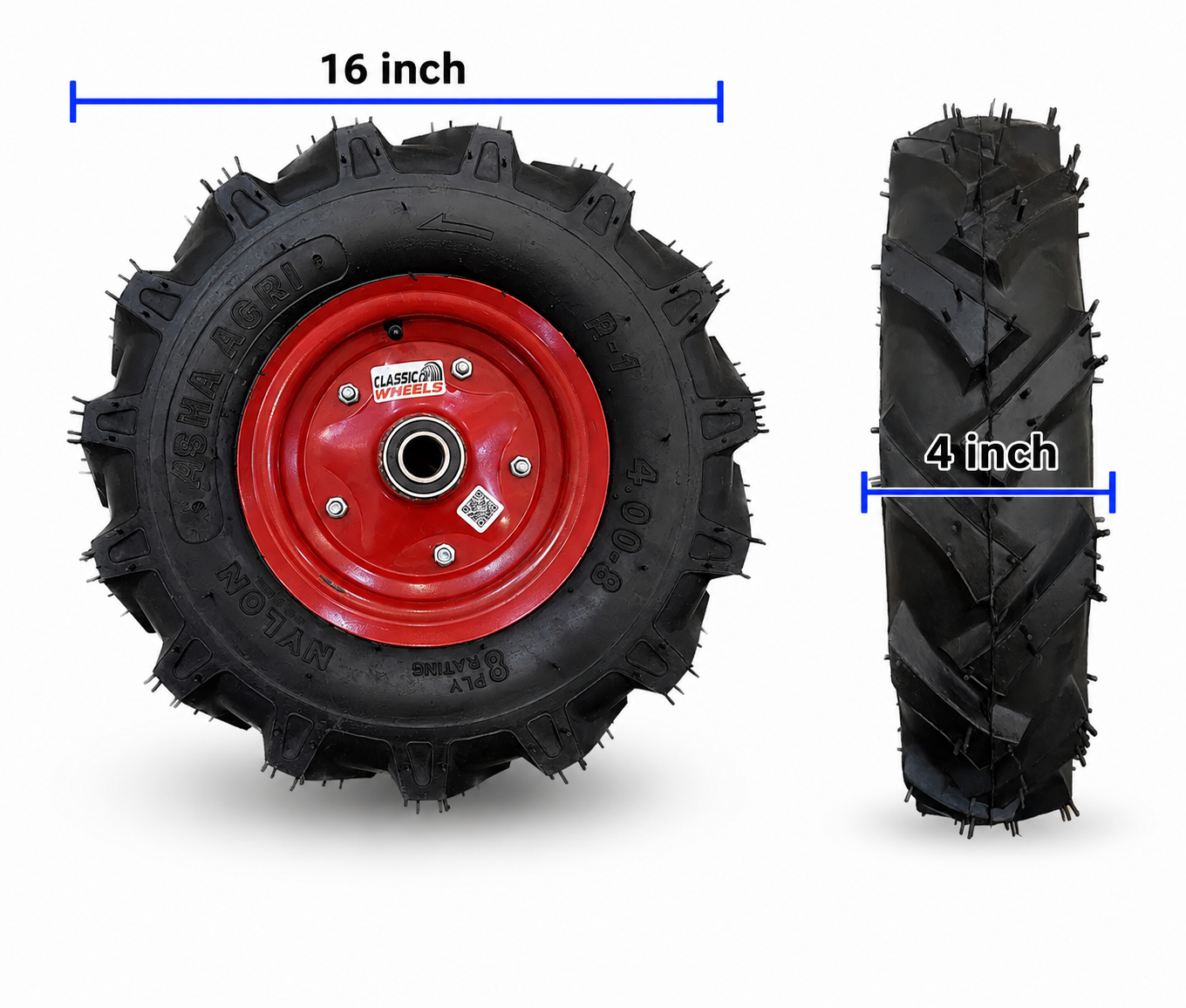 Classic wheels 4.00-8 heavy duty WheelBarrow Tractor (GUDDI) Trolley wheel/ Tractor Trolley wheel 4.00-8, 8 ply rating durable rubber, leak proof, and long lasting ideal for wheelbarrow and trolley (1No)