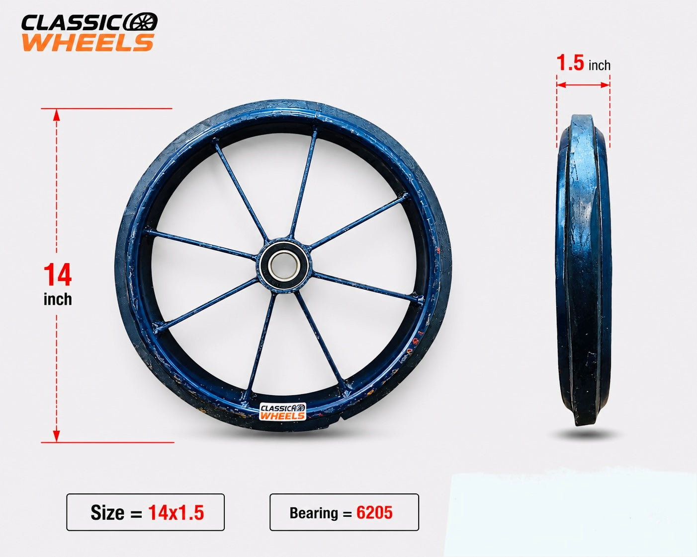 Heavy Duty 14inch Solid Rubber Spoked Wheel | Nagar Nigam Rickshaw Theli & Wheelbarrow Wheel