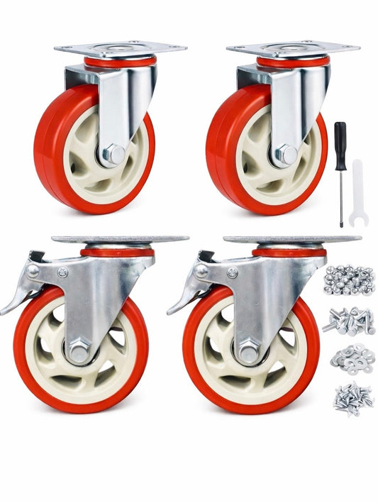 4 Inch Caster Wheels, Casters Set of 4, Heavy Duty Casters with Brake 360 kg , Locking Industrial Swivel Top Plate Casters Wheels for Furniture and Workbench Cart(Two Hardware Kits Include)