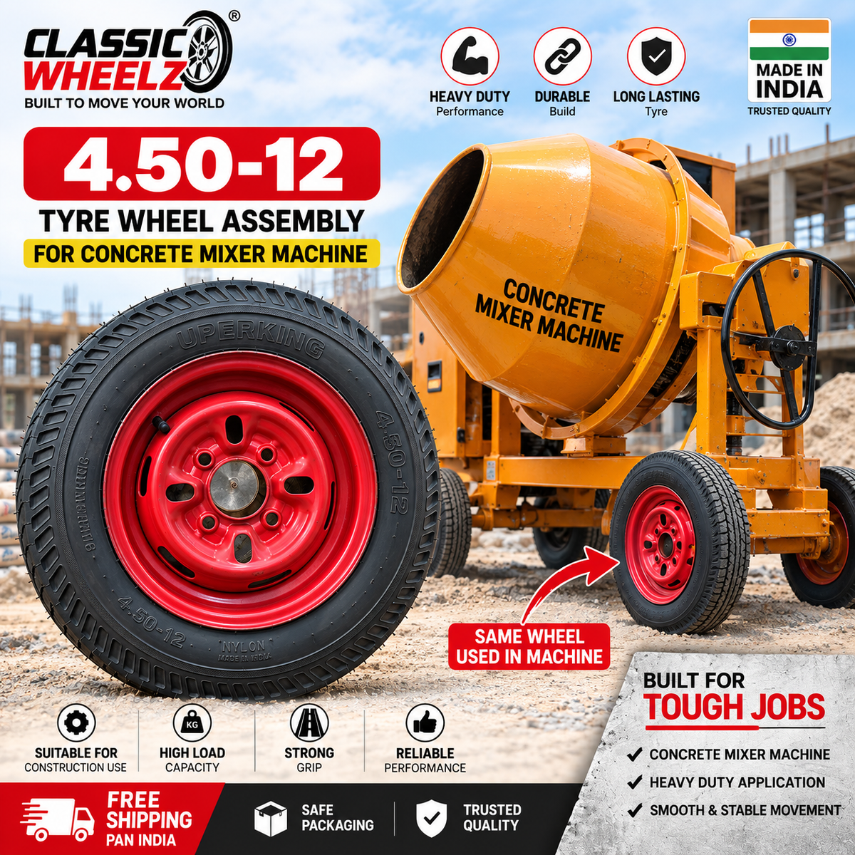 4.50-12 Tyre Wheel Assembly for Concrete Mixer Machine | 6 Ply Nylon Tyre with Steel Rim
