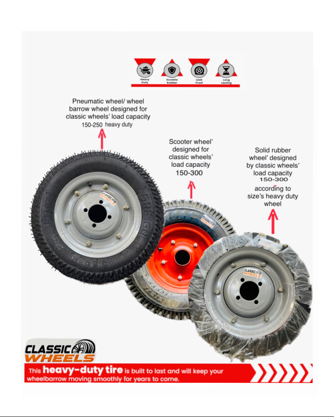 Classic wheels heavy duty WheelBarrow tire with disc (Hub) type  3.50-8, 8 ply rating durable rubber, leak proof, and long lasting ideal for wheelbarrow and trolley (1No)