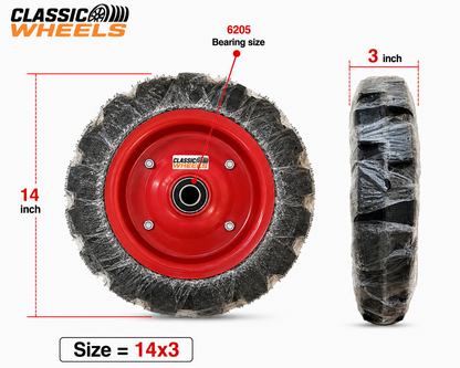 Classic Wheels,Solid Rubber(14x3) Heavy Duty Wheelbarrow tire with Bearing 6205 Complete Wheel Ideal for whelbarrow, Dollies, Trolleys and More...