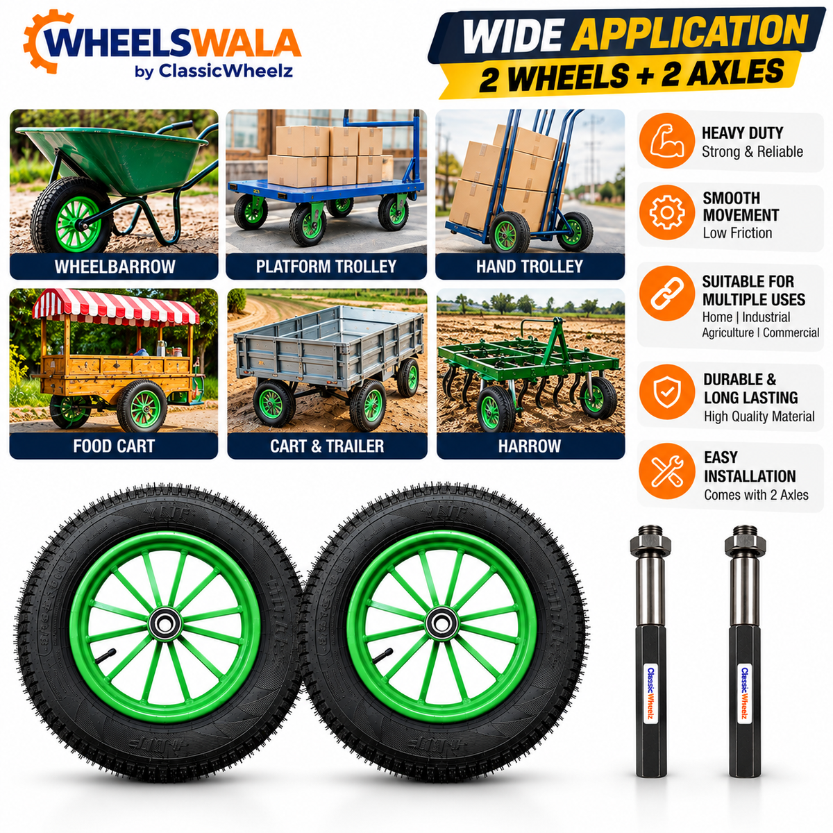 Food Cart Wheel Combo Kit | 2 × 3.75-12 Spoked Wheel + 2 × 8 Inch Cast Iron Axle | Ready to Fit