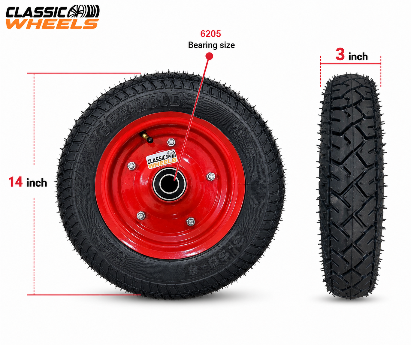 Classic Wheels Heavy Duty WheelBarrow Tire with Disc 3.50-8, Red - 8 Ply Durable Rubber (1No)