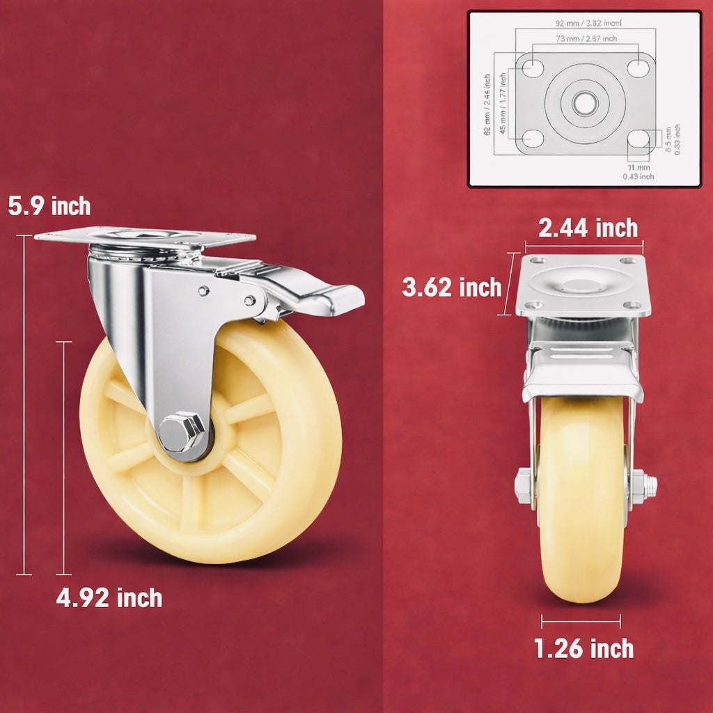 CLASSIC WHEELS 5 Inch Heavy Duty Swivel Casters with Brake Set of 4, 480kg  Total Load Capacity 2 Locking＆2 Non-Locking Nylon Wheels with Steel Plate for Furniture Carts Toolboxes Workbench Industrial Use