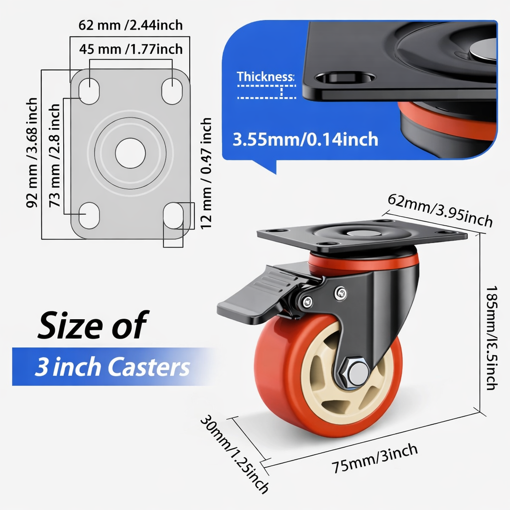 CLASSIC WHEELS 3 inch Casters Wheels, Heavy Duty Casters Set of 4, No Noise Industrial Casters Load 320kg with Brake, Swivel Industrial Plate Casters, Wheels for Cart Furniture(2 Hardware Kits)