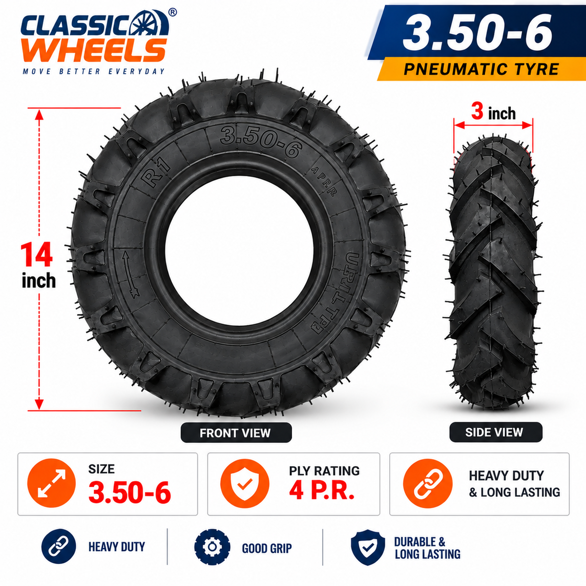 Classic Wheels 3.50-6 Pneumatic Tyre with Butyl Tube | 4 PR | R1 Tread | Ideal for Wheelbarrow & Trolley