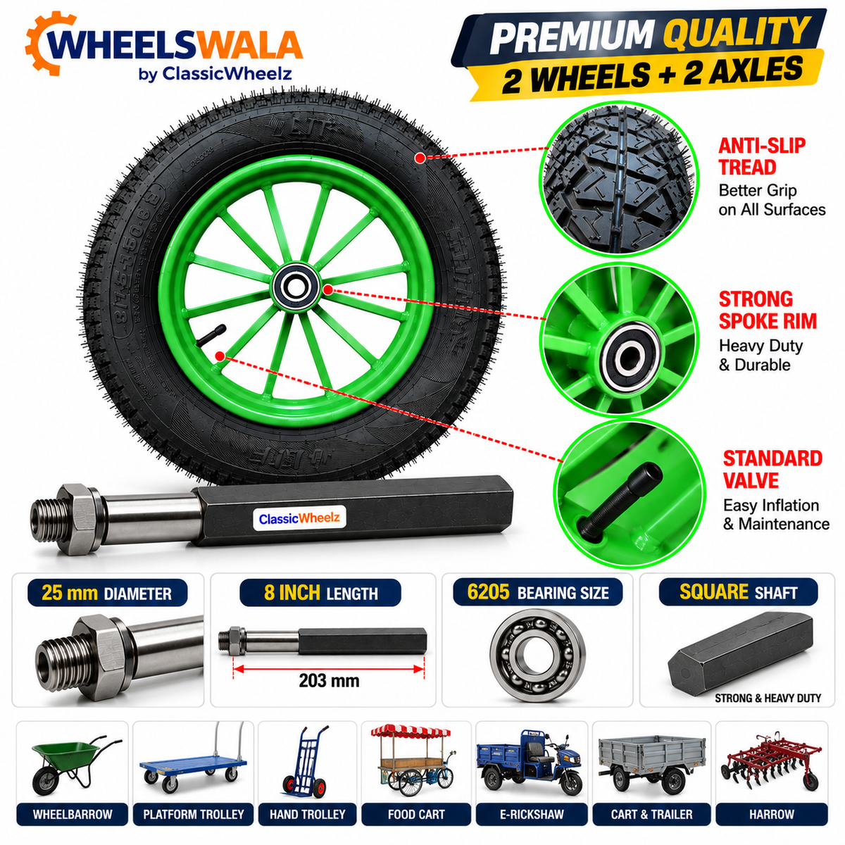Food Cart Wheel Combo Kit | 2 × 3.75-12 Spoked Wheel + 2 × 8 Inch Cast Iron Axle | Ready to Fit