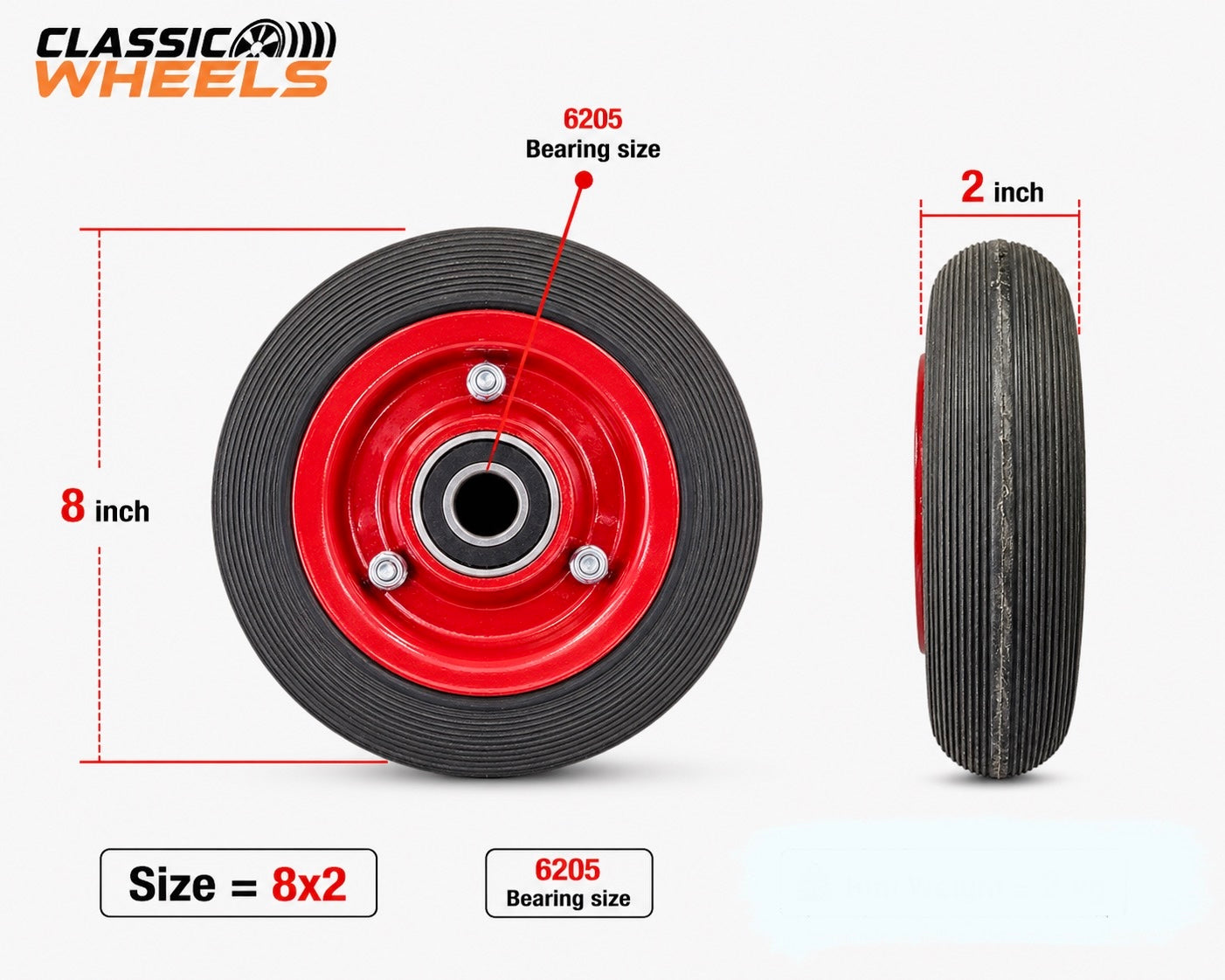 8×2 Plane Solid Rubber Wheel with 6205 Bearing / Tubeless | Cylinder Trolley, Hand Trolley & Utility Cart Use
