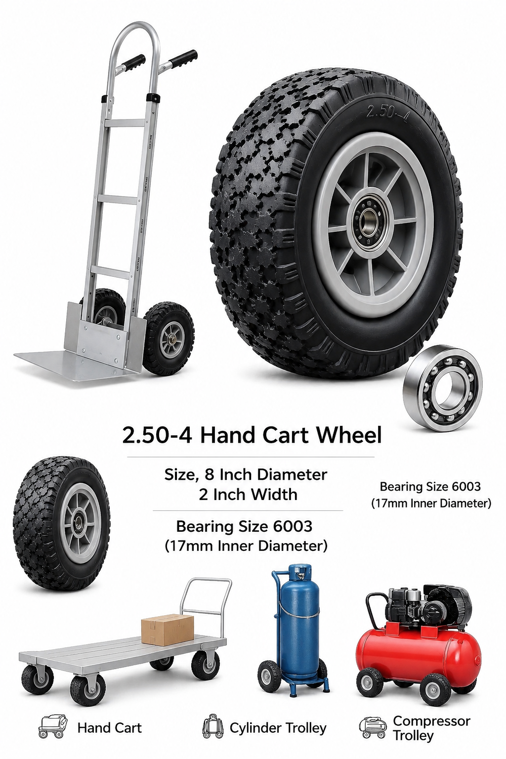 Classic Wheelz 2.50-4 Heavy Duty Hand Cart Wheel with 6003 Bearing | 8 Inch Trolley Wheel | Heavy Duty Plastic Rim | 17mm Bore | For Hand Cart, Cylinder & Compressor Trolley