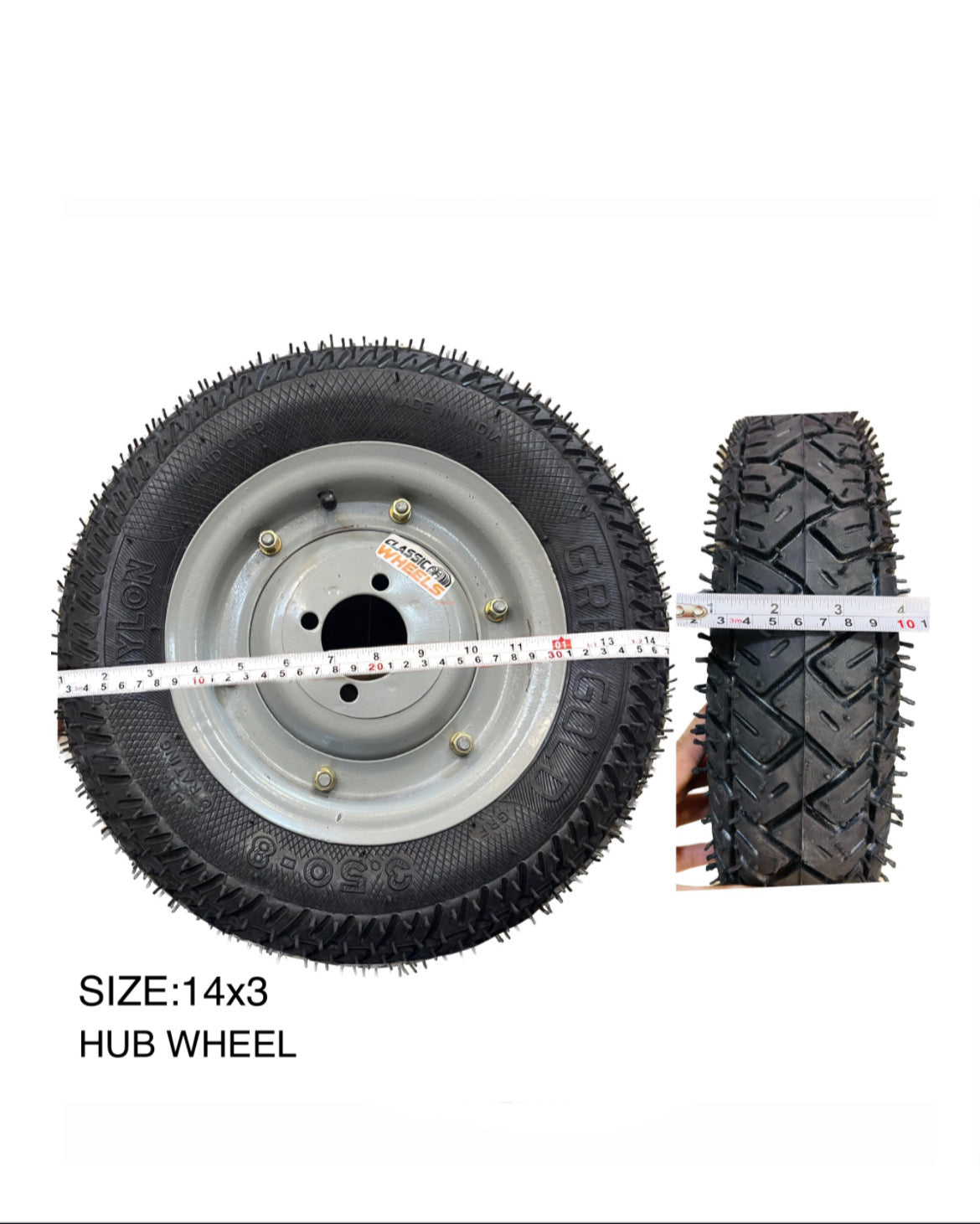 Classic wheels heavy duty WheelBarrow tire with disc (Hub) type  3.50-8, 8 ply rating durable rubber, leak proof, and long lasting ideal for wheelbarrow and trolley (1No)