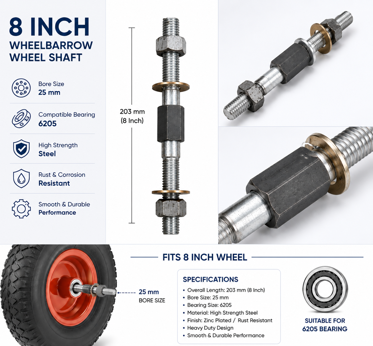 Heavy Duty 8 inch  Wheelbarrow Shaft with Double Side Nut | Trolley & Cart Axle Rod