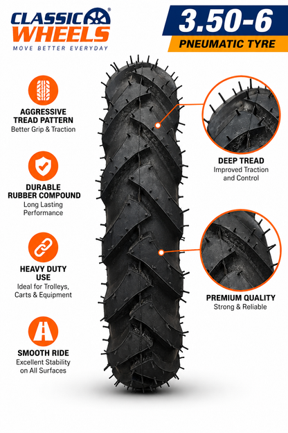 Classic Wheels 3.50-6 Pneumatic Tyre with Butyl Tube | 4 PR | R1 Tread | Ideal for Wheelbarrow & Trolley