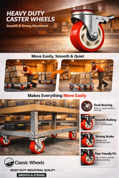 CLASSIC WHEELS 3 inch Casters Wheels, Heavy Duty Casters Set of 4, No Noise Industrial Casters Load 320kg with Brake, Swivel Industrial Plate Casters, Wheels for Cart Furniture(2 Hardware Kits)