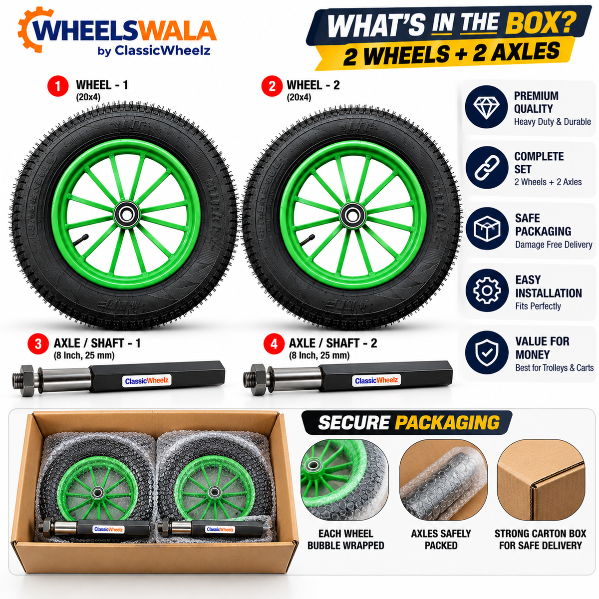 Food Cart Wheel Combo Kit | 2 × 3.75-12 Spoked Wheel + 2 × 8 Inch Cast Iron Axle | Ready to Fit