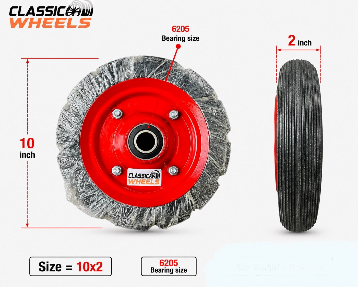 10×2 (Tractor Guddi) Solid Rubber Wheel with 6205 Bearing / Tubeless | Cylinder Trolley, Hand Trolley & Utility Cart Use