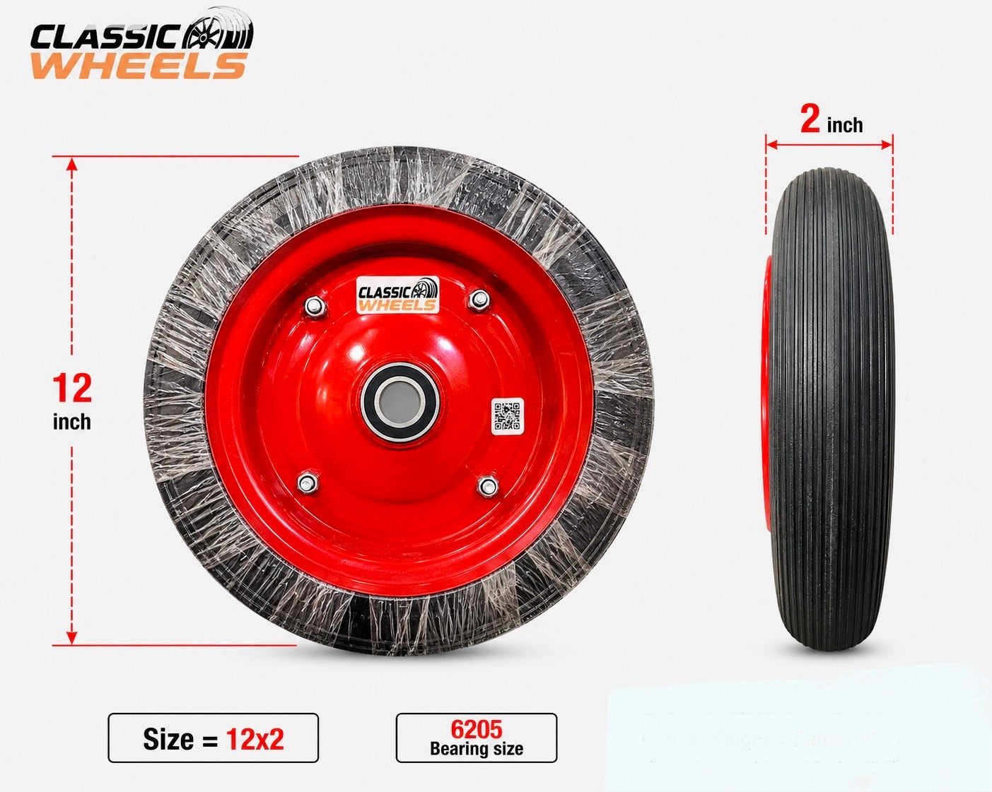 12×2 Plane Solid  Rubber Wheel with 6205 Bearing / Tubeless | Cylinder Trolley, Hand Trolley & Utility Cart Use
