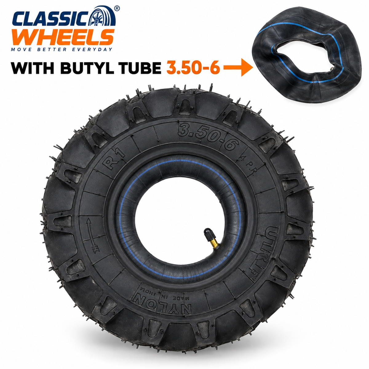Classic Wheels 3.50-6 Pneumatic Tyre with Butyl Tube front view