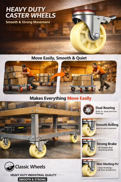 CLASSIC WHEELS 5 Inch Heavy Duty Swivel Casters with Brake Set of 4, 480kg  Total Load Capacity 2 Locking＆2 Non-Locking Nylon Wheels with Steel Plate for Furniture Carts Toolboxes Workbench Industrial Use