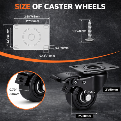 CLASSIC WHEELZ, 2"(inch) Plate Caster Wheels Heavy Duty 240kg  Load Capacity Swivel Casters with Brake Set of 4, Safety Dual Locking, No Noise Wheels for Furniture, Carts with two type of  (Screws)