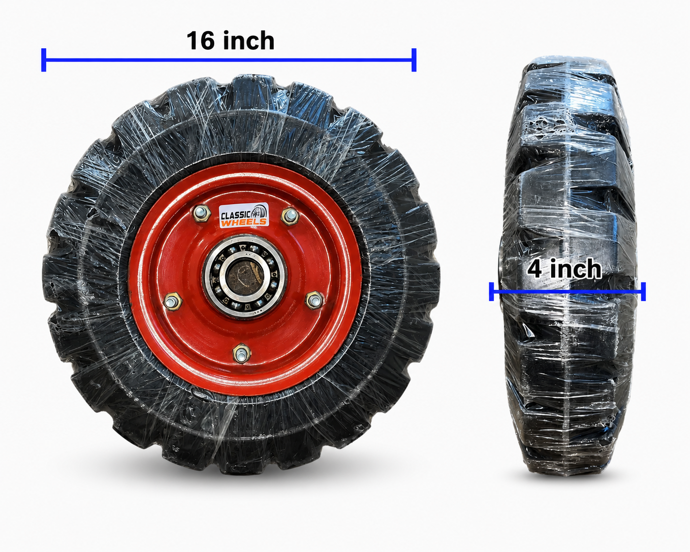 Classic wheels 16x4 Solid rubber wheel /Tubelessheavy use for harrow & heavy WheelBarrow /Heavy platform Trolley wheel with  bearing (6307), 8 ply rating durable rubber, leak proof, and long lasting ideal for Harrow /wheelbarrow and Platform trolley (1No)