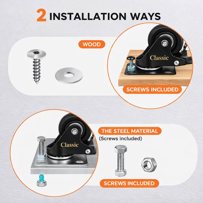 CLASSIC WHEELZ, 2"(inch) Plate Caster Wheels Heavy Duty 240kg  Load Capacity Swivel Casters with Brake Set of 4, Safety Dual Locking, No Noise Wheels for Furniture, Carts with two type of  (Screws)