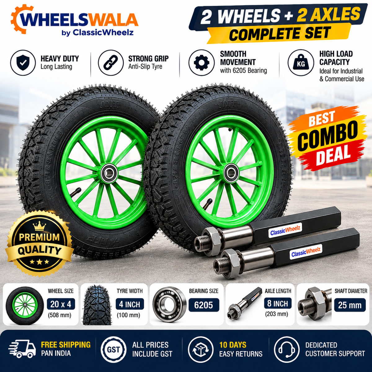 Food Cart Wheel Combo Kit | 2 × 3.75-12 Spoked Wheel + 2 × 8 Inch Cast Iron Axle | Ready to Fit