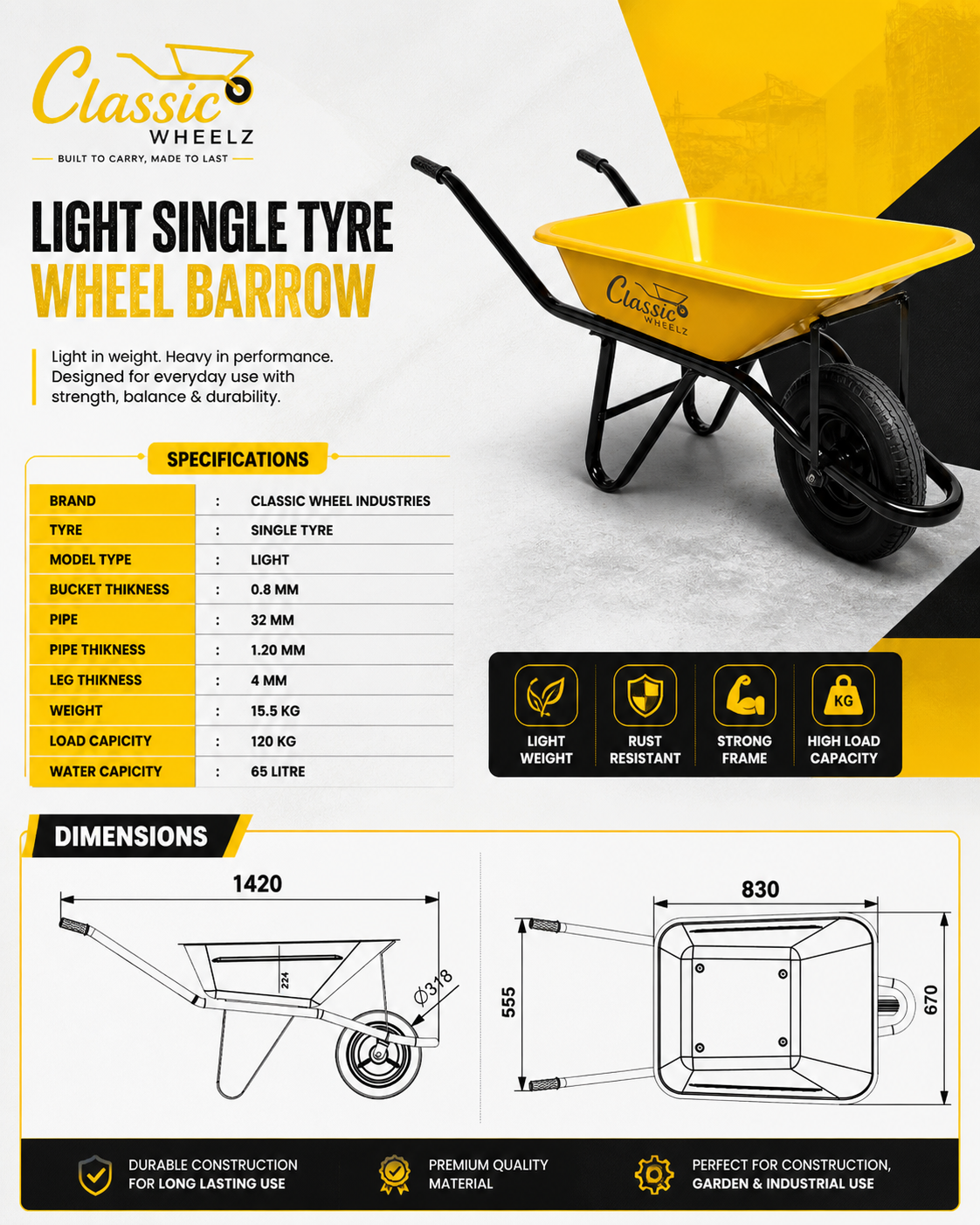 CLASSIC WHEELS Heavy Duty Wheelbarrow – Sturdy Construction for Gardening, Construction, and Landscaping