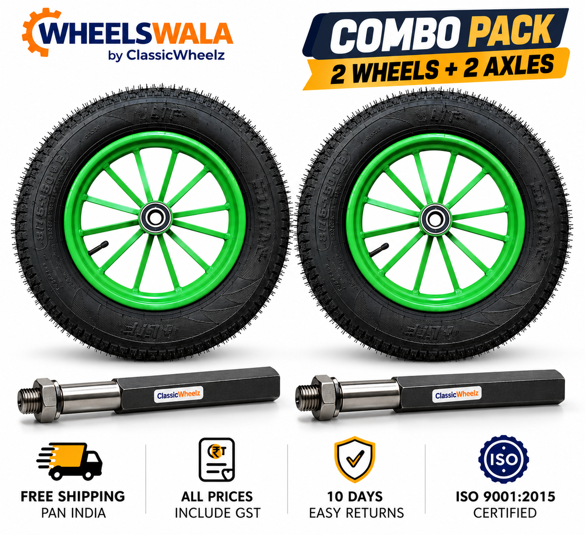 Food Cart Wheel Combo Kit | 2 × 3.75-12 Spoked Wheel + 2 × 8 Inch Cast Iron Axle | Ready to Fit