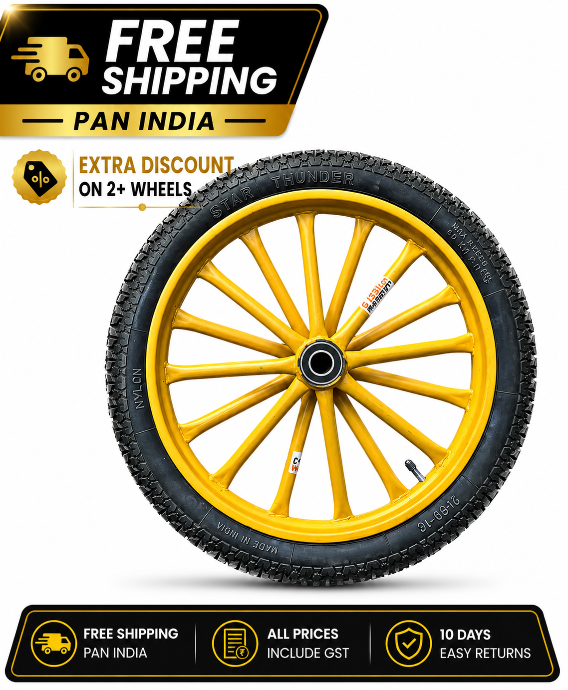 Heavy Duty Pipe Spoked Wheel with Rubber Tyre 2.50-16, and with 6205 bearing  | Multi-Purpose Cart Wheel for Food Cart, Wheelbarrow, Ice Cream Tricycle /Rickshaw wheel& Trolley