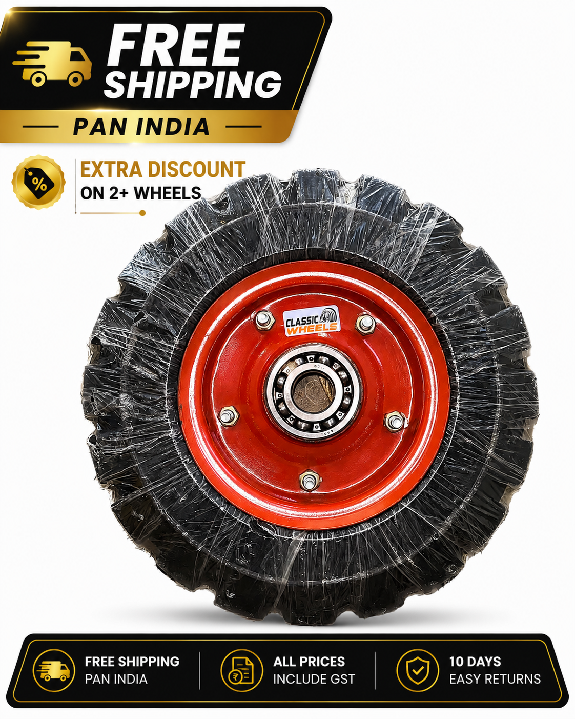 Classic wheels 16x4 Solid rubber wheel /Tubelessheavy use for harrow & heavy WheelBarrow /Heavy platform Trolley wheel with  bearing (6307), 8 ply rating durable rubber, leak proof, and long lasting ideal for Harrow /wheelbarrow and Platform trolley (1No)