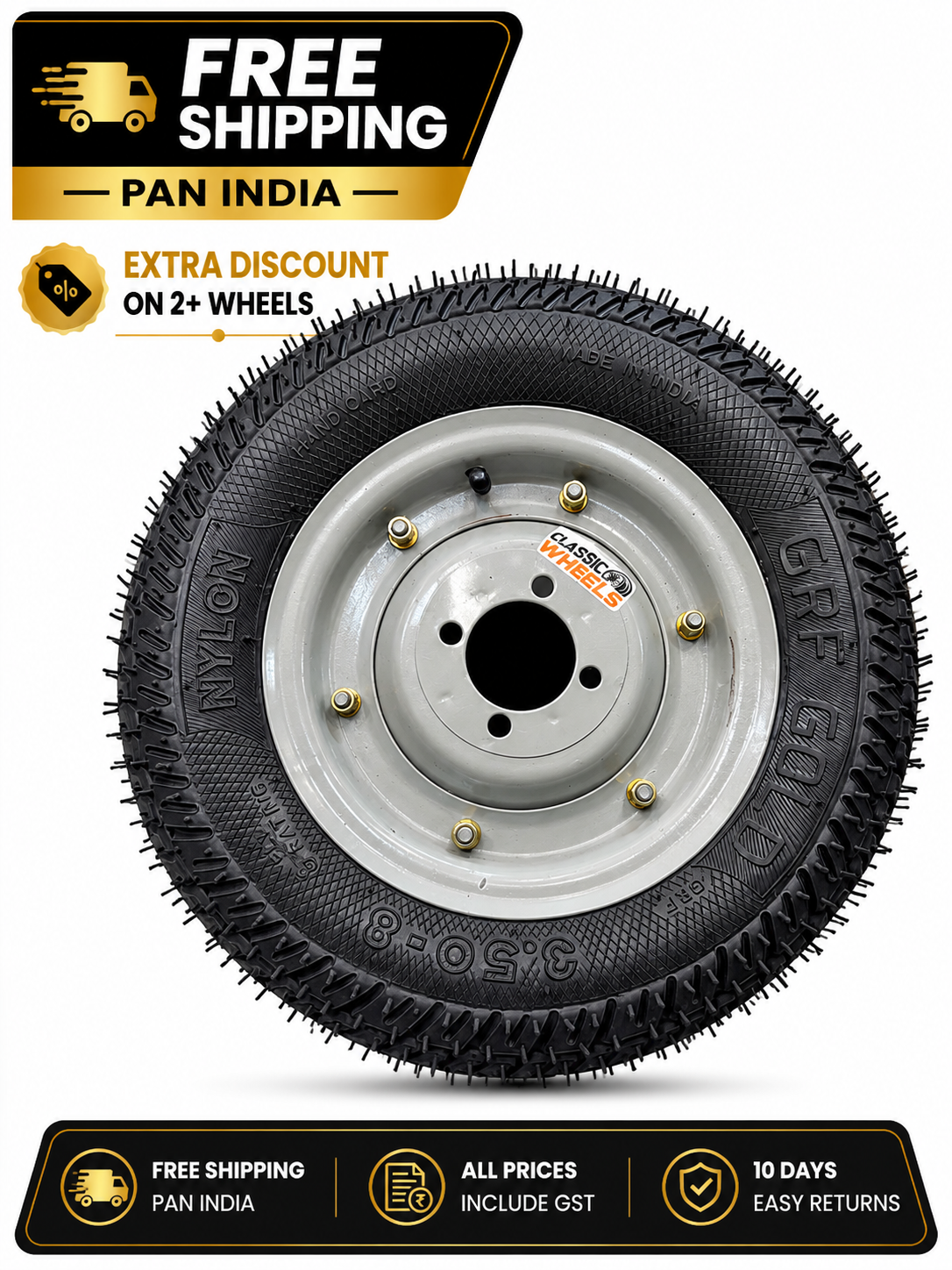 Classic wheels heavy duty WheelBarrow tire with disc (Hub) type  3.50-8, 8 ply rating durable rubber, leak proof, and long lasting ideal for wheelbarrow and trolley (1No)