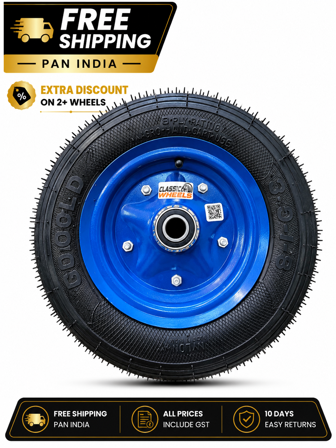 Classic wheels heavy duty WheelBarrow tire with disc 3.50-8, 8 ply rating durable rubber, leak proof, and long lasting ideal for wheelbarrow and trolley (1No)