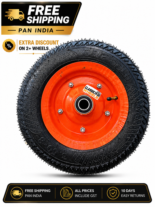 Classic wheels heavy duty WheelBarrow tire with disc 3.50-8, 8 ply rating durable rubber, leak proof, and long lasting ideal for wheelbarrow and trolley (1No)