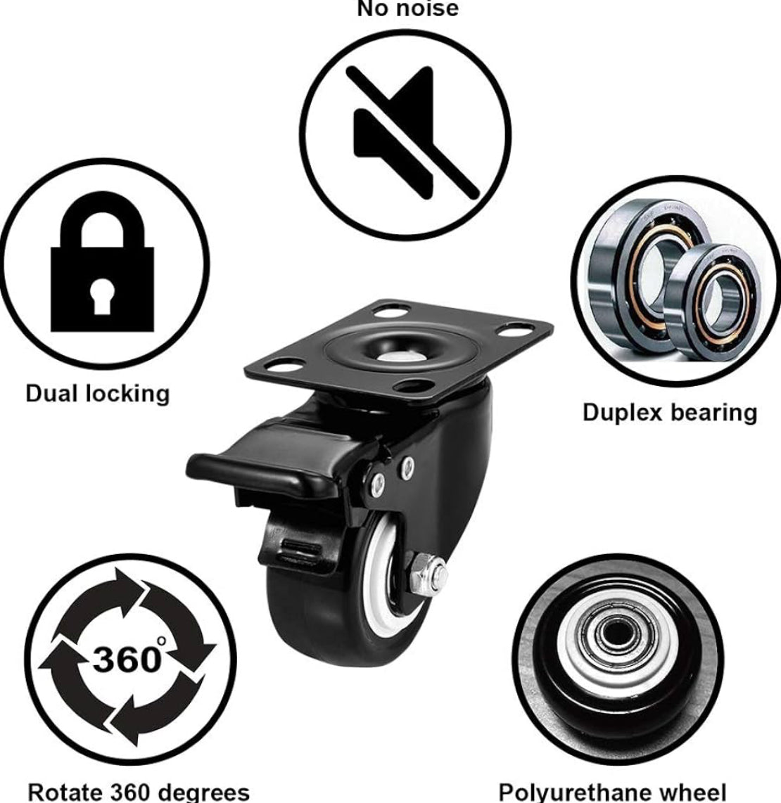 CLASSIC WHEELZ, 2"(inch) Plate Caster Wheels Heavy Duty 240kg  Load Capacity Swivel Casters with Brake Set of 4, Safety Dual Locking, No Noise Wheels for Furniture, Carts with two type of  (Screws)