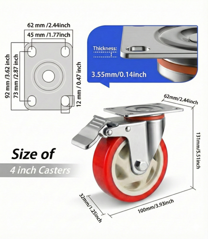 4 Inch Caster Wheels, Casters Set of 4, Heavy Duty Casters with Brake 360 kg , Locking Industrial Swivel Top Plate Casters Wheels for Furniture and Workbench Cart(Two Hardware Kits Include)