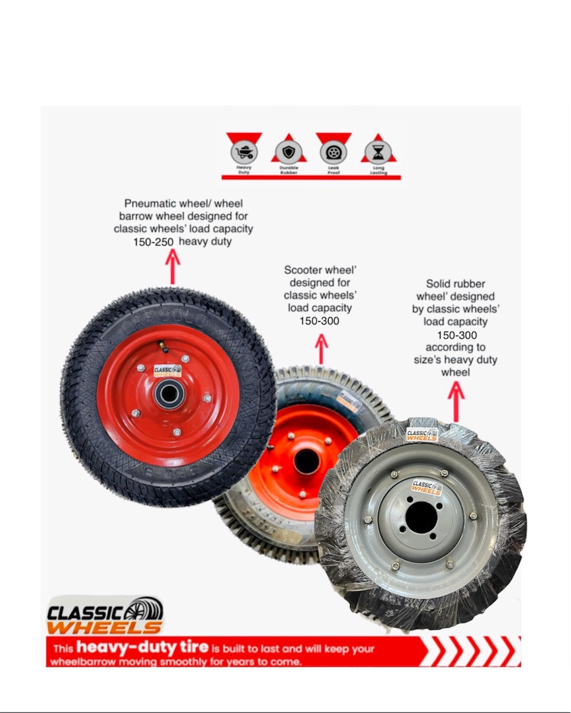 Classic wheels heavy duty WheelBarrow tire with (Hub) disc 14x3, 8 ply rating durable rubber, leak proof, and long lasting ideal for wheelbarrow and trolley (1No)