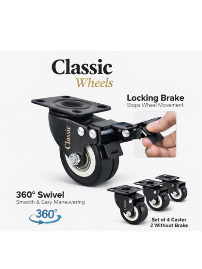 CLASSIC WHEELZ, 2"(inch) Plate Caster Wheels Heavy Duty 240kg  Load Capacity Swivel Casters with Brake Set of 4, Safety Dual Locking, No Noise Wheels for Furniture, Carts with two type of  (Screws)