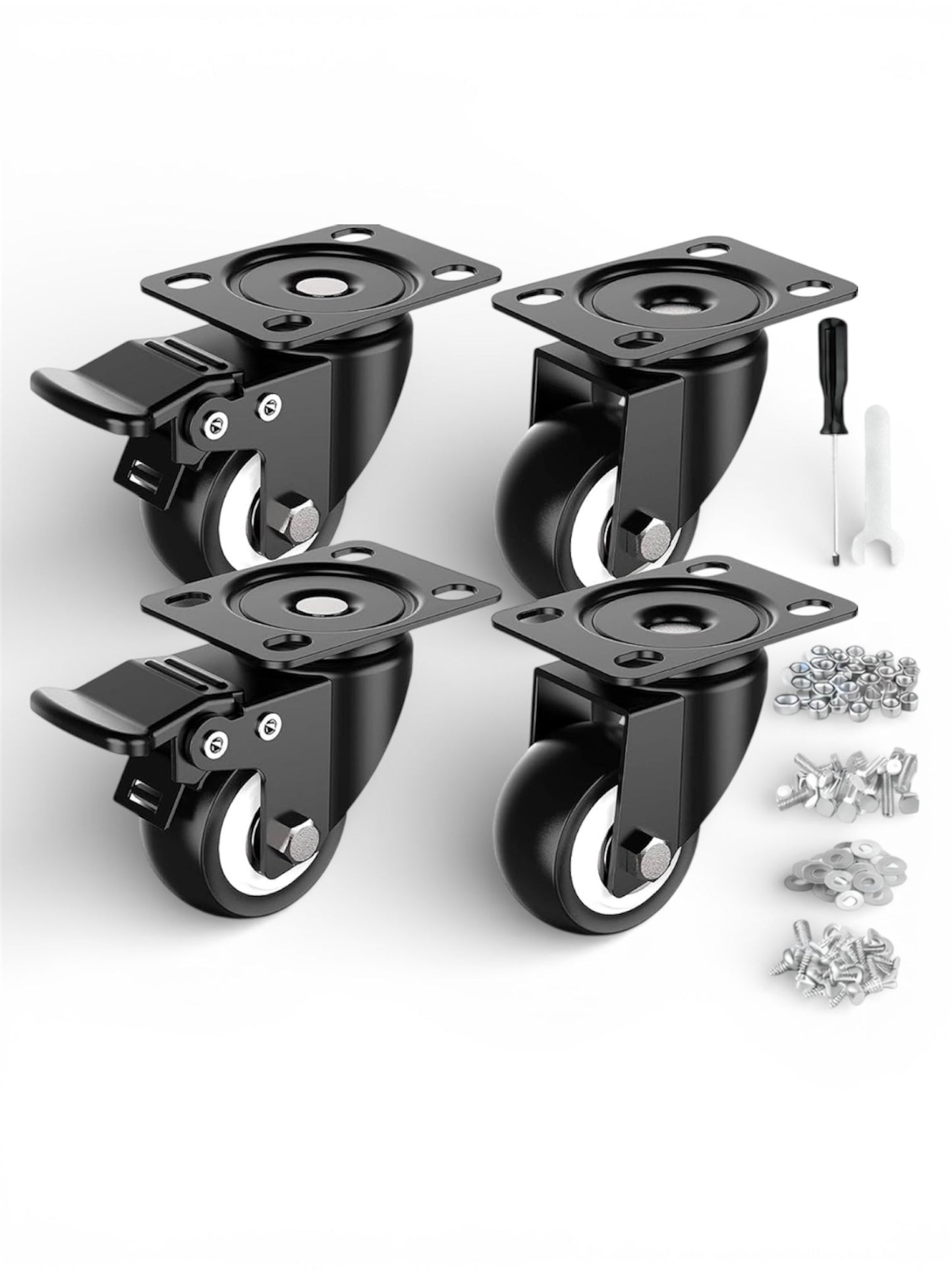 CLASSIC WHEELZ, 2"(inch) Plate Caster Wheels Heavy Duty 240kg  Load Capacity Swivel Casters with Brake Set of 4, Safety Dual Locking, No Noise Wheels for Furniture, Carts with two type of  (Screws)