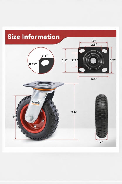 CLASSIC WHEELS 6 Inch Caster Wheels, Heavy Duty Swivel Plate Casters with Rubber Knobby Tread for Workbench, Dolly, Cart, Trolley, Wagon and Chicken Coop, Large Rubber Castor Wheels,  (Pack of 4)