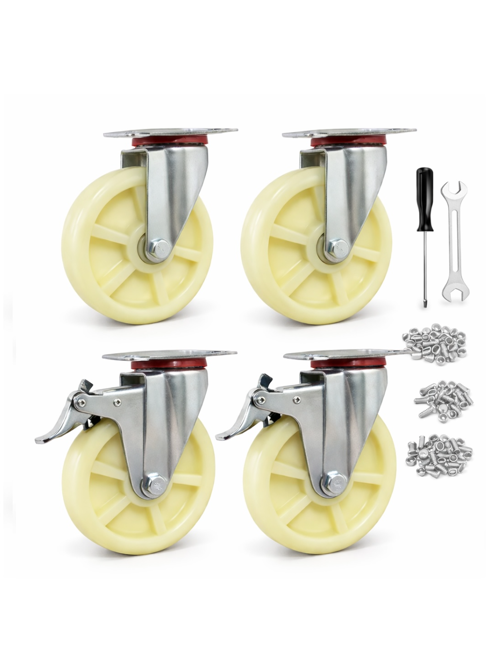 CLASSIC WHEELS 5 Inch Heavy Duty Swivel Casters with Brake Set of 4, 480kg  Total Load Capacity 2 Locking＆2 Non-Locking Nylon Wheels with Steel Plate for Furniture Carts Toolboxes Workbench Industrial Use