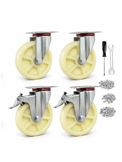 CLASSIC WHEELS 5 Inch Heavy Duty Swivel Casters with Brake Set of 4, 480kg  Total Load Capacity 2 Locking＆2 Non-Locking Nylon Wheels with Steel Plate for Furniture Carts Toolboxes Workbench Industrial Use