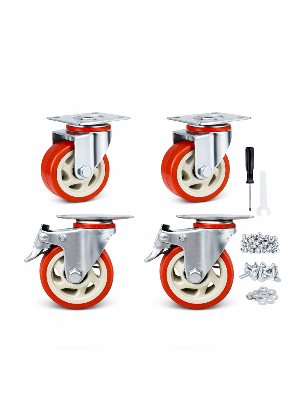 CLASSIC WHEELS 3 inch Casters Wheels, Heavy Duty Casters Set of 4, No Noise Industrial Casters Load 320kg with Brake, Swivel Industrial Plate Casters, Wheels for Cart Furniture(2 Hardware Kits)