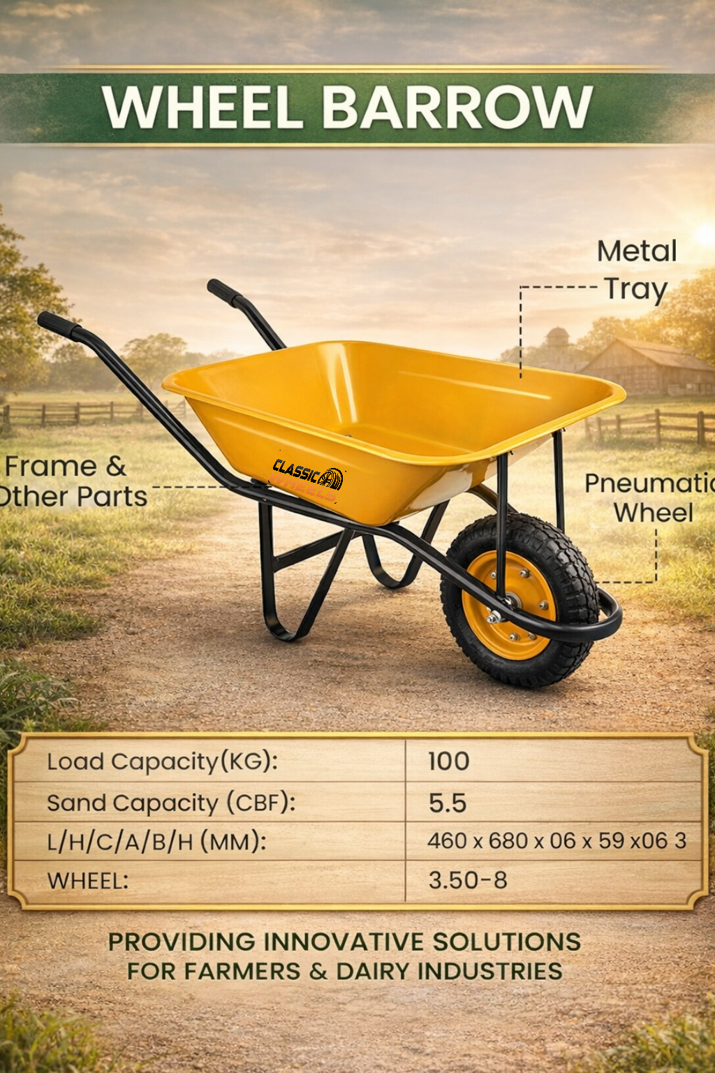 CLASSIC WHEELS Heavy Duty Wheelbarrow – Sturdy Construction for Gardening, Construction, and Landscaping