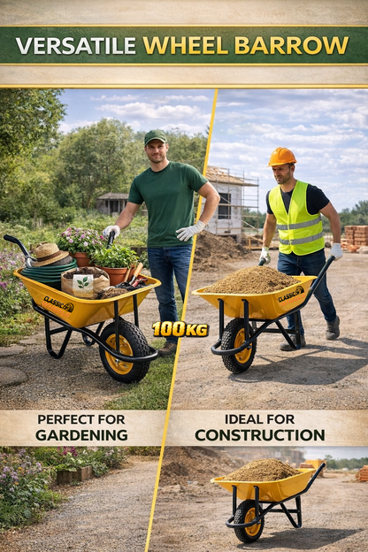 CLASSIC WHEELS Heavy Duty Wheelbarrow – Sturdy Construction for Gardening, Construction, and Landscaping